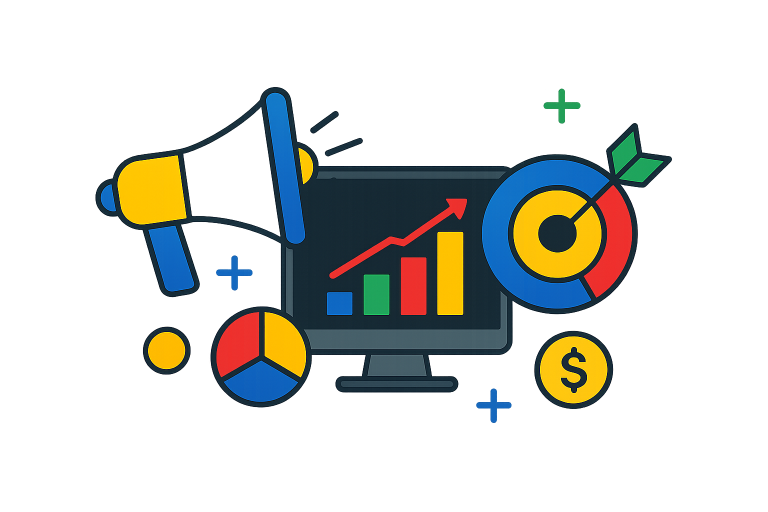 Performance dashboards showing ROAS, CAC and conversion lift